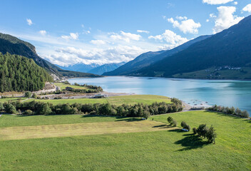 drone flight over Lake Reschensee in South Tyrol