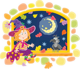 Happy little witch sitting on a windowsill of an open window and talking to a funny black crow on a mysterious dark autumn night, vector cartoon illustration on a white background