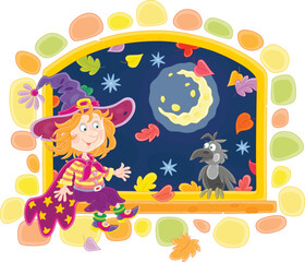 Fototapeta premium Happy little witch sitting on a windowsill of an open window and talking to a funny black crow on a mysterious dark autumn night, vector cartoon illustration on a white background