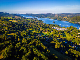 Aerial view of Windermere in Lake District, a region and national park in Cumbria in northwest England