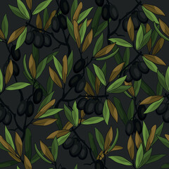 Olive, seamless pattern. Botanical, vector illustration. Olive oil. The culture of Greece. Print for textiles.