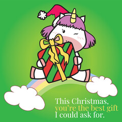 Christmas Flashcard for Children. Cute Unicorn theme. Ready to print. Printable game card. Educational card for preschool. Vector illustration.