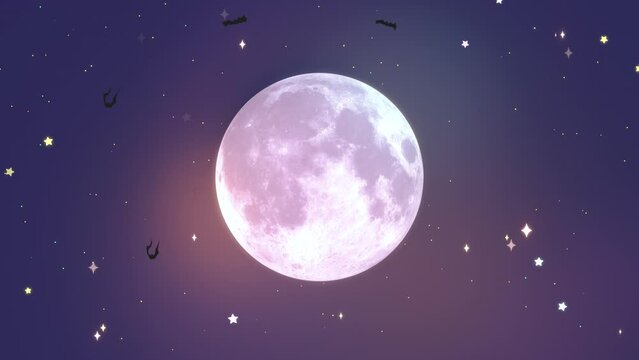 Looped cartoon full moon and flying bats at night for Halloween animation.