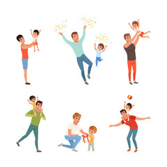 Happy Father with His Little Son Spending Time Together Having Fun Vector Set