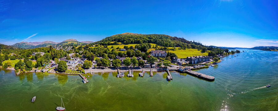 Aerial view of Waterhead and Ambleside in Lake District, a region and national park in Cumbria in northwest England