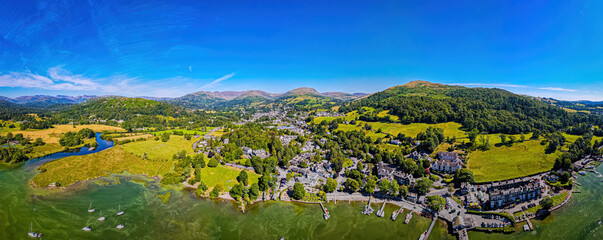 Aerial view of Waterhead and Ambleside in Lake District, a region and national park in Cumbria in...