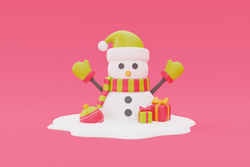 Snowman with Christmas presents, balls and pine tree, Merry Christmas and Happy New Year. 3d rendering.