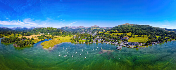 Aerial view of Waterhead and Ambleside in Lake District, a region and national park in Cumbria in...