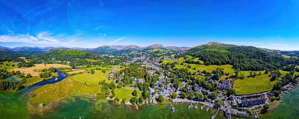 Aerial view of Waterhead and Ambleside in Lake District, a region and national park in Cumbria in northwest England