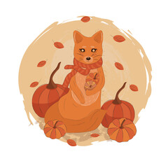 cozy illustration with little fox in pumpkins in flat style 