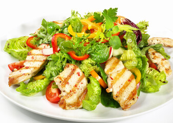 Mixed Salad with grilled Chicken isolated on white Background
