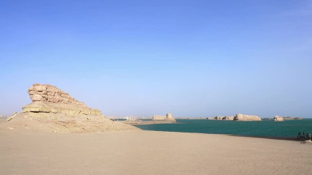 aerial view of landform of yadan in gansu in blue sky