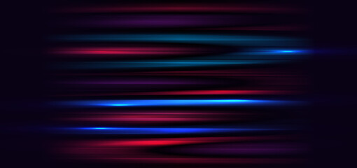 Abstract technology futuristic glowing blue and red  light lines with speed motion blur effect on dark blue background.