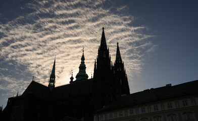Spectacular clouds over Prague Castle and Saint Vitus Cathedral during an autumn morning. Travel to...