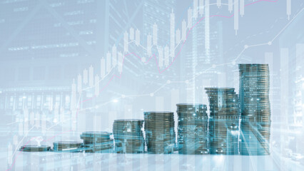 Banking finance investment concept. Double exposure image of growth business with city background. Currency growth market statistics with global foreign. Exchange payments banking global investments.