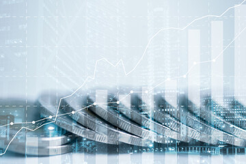 Banking finance investment concept. Double exposure image of growth business with city background. Currency growth market statistics with global foreign. Exchange payments banking global investments.