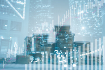 Obraz na płótnie Canvas Banking finance investment concept. Double exposure image of growth business with city background. Currency growth market statistics with global foreign. Exchange payments banking global investments.
