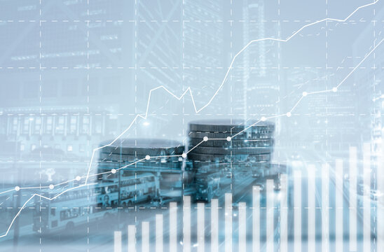 Banking finance investment concept. Double exposure image of growth business with city background. Currency growth market statistics with global foreign. Exchange payments banking global investments.