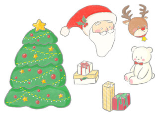 Fototapeta na wymiar Christmas tree and santa claus teddy bear cute hand drawn illustration / クリスマスツリーとサンタクロース くまのぬいぐるみ かわいい手描きイラストセット 