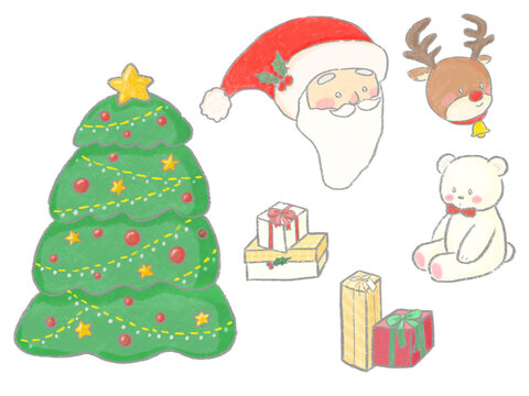 Christmas tree and santa claus teddy bear cute hand drawn illustration / クリスマスツリーとサンタクロース くまのぬいぐるみ かわいい手描きイラストセット
