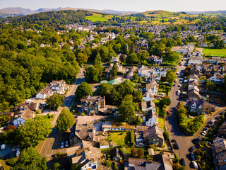 Fototapeta na wymiar Aerial view of Windermere town in Lake District, a region and national park in Cumbria in northwest England