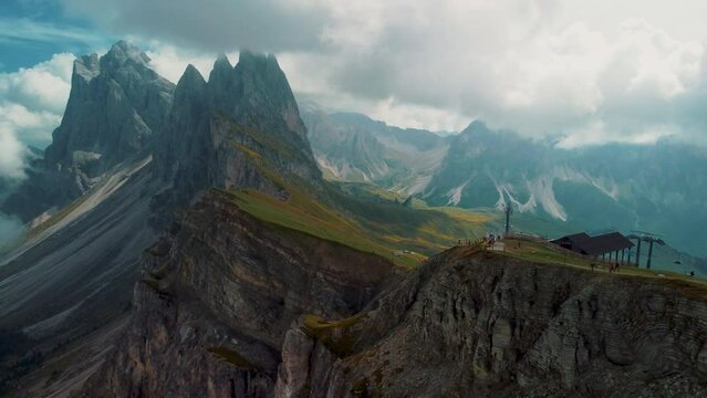 Beautifull Seceda Ridgeline in Italy, breathtaking mountain views, valleys and cliffs.