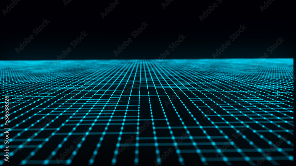 Poster futuristic dots pattern on dark background. colored music wave. technology or science banner. big da