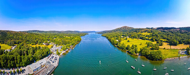Aerial view of Lakeside in Lake District, a region and national park in Cumbria in northwest England