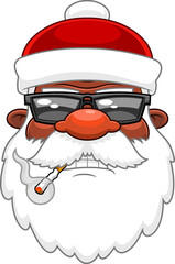 Bad African American Black Santa Face Cartoon Character With Sunglasses Smoking Cigarette. Hand Drawn Illustration Isolated On Transparent Background