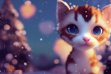 Fototapeta premium A 3D rendered computer-generated image of an adorable kawaii Calico kitten playing outside and enjoying the weather. 