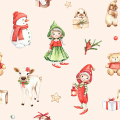 Watercolor Christmas seamless pattern on beige background. Cute gnomes, snowman, cow, rabbits. Winter holiday design. For prints, postcards, greeting cards, textile, invitations, wallpaper, wrapper