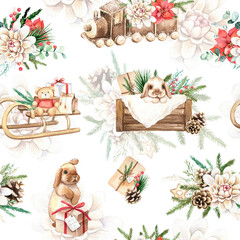 Watercolor Christmas seamless pattern. Cute rabbits, floral compositions. Hand drawn illustrations. Winter holiday design