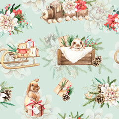 Watercolor Christmas seamless pattern on green background. Cute rabbits, floral compositions. Hand drawn illustrations. Winter holiday design. For prints, postcards, greeting cards