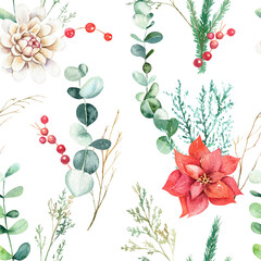 Watercolor Christmas seamless pattern. Winter holiday design. Floral botanical print. For prints, postcards, greeting cards, textile, invitations, wallpaper, wrapper