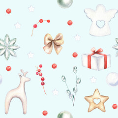 Watercolor Christmas seamless pattern on light blue background. Winter holiday design. For prints, postcards, greeting cards, textile, invitations, wallpaper, wrapper