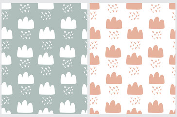 Cute Simple Seamless Vector Pattern with Fluffy Clouds and Hearts on a White and Mint Blue Background. Simple Nursery Art for Baby Boy and Girl.Print with Clouds and Hearts for Fabric, Wrapping Paper.