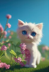 A 3D rendered computer-generated image of an adorable kawaii Persian kitten playing outside and enjoying the weather. 