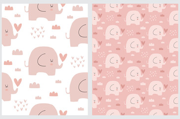 Cute Simple Seamless Vector Pattern with Sweet Elephant, Clouds and Hearts on a White and Light Pink Background. Simple Nursery Art ideal  for Fabric, Wrapping Paper, Baby Girl Welcome Party.