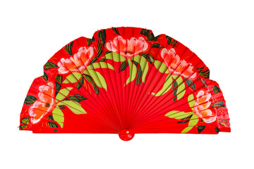 Spanish red open hand fan, decorated with floral motifs, isolated