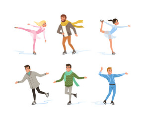 Naklejka na ściany i meble People Characters Ice Skating Gliding on Ice Surface with Bladed Ice Skates Vector Set