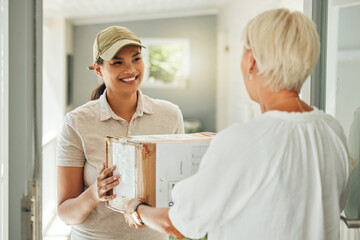 Delivery, customer and courier with box at door for shipping, ecommerce and online shopping cargo....