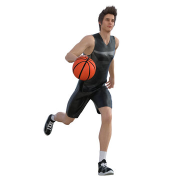 3D render : action shot of  male basketball player in motion, isolated on white, PNG transparent
