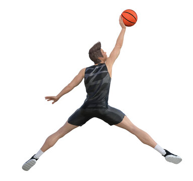 3D render : action shot of  male basketball player in motion, isolated on white, PNG transparent
