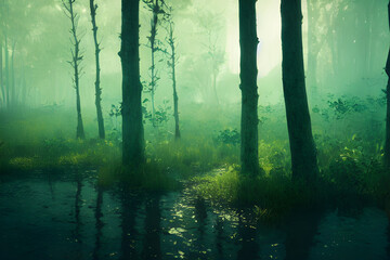 A foggy swamp. Dark and mysterious. 