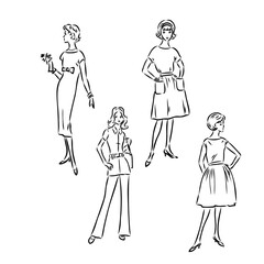 Vintage vector people set. fashion style set. Group of retro woman and man. style, sketch style, engravings with people