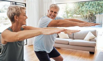 Fitness, retirement and couple squat in home for senior body wellness and vitality in Canada. Happy elderly people in marriage enjoy stretching workout to bond together in living room.