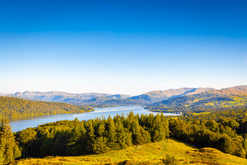 Aerial view of Windermere in Lake District, a region and national park in Cumbria in northwest England