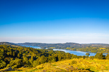 Aerial view of Windermere in Lake District, a region and national park in Cumbria in northwest England