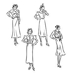 Vintage vector people set. fashion style set. Group of retro woman and man. style, sketch style, engravings with people