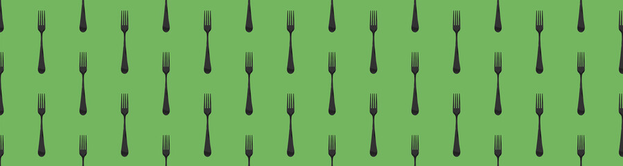 pattern. Fork top view on yellow green background. Template for applying to surface. Horizontal image. Flat lay. Banner for insertion into site. Place for text cope space. 3D image. 3D rendering.